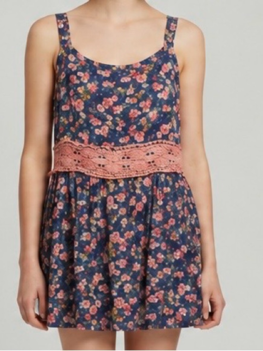 Beautees Navy Floral Dress with Pink Crochet Waist